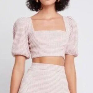 O.P.T. Pink Gingham Puff-Sleeve Crop Top